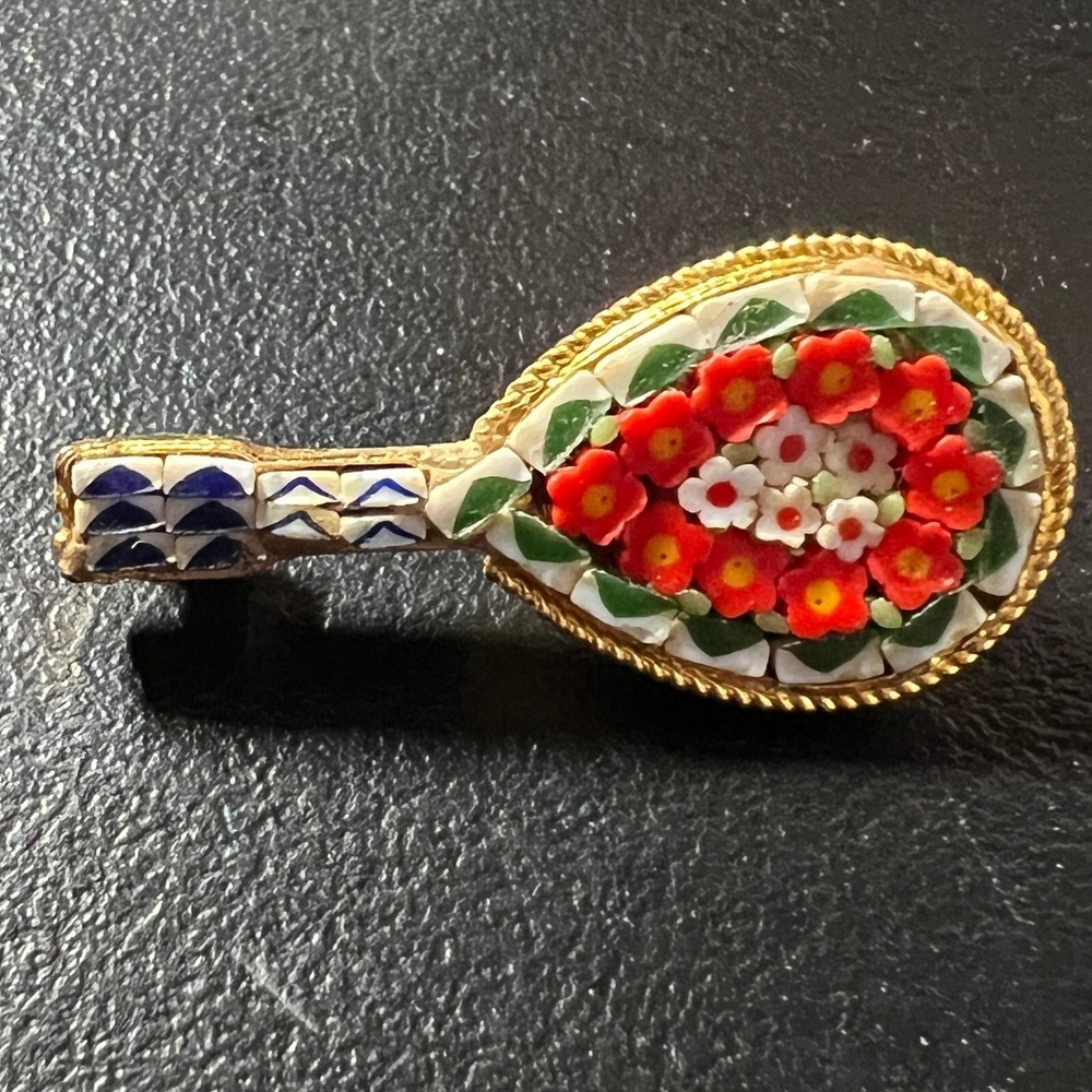 Vintage Micro Mosaic Lute Brooch Orange White Flowers Gold Tone Pin - Picture 9 of 10